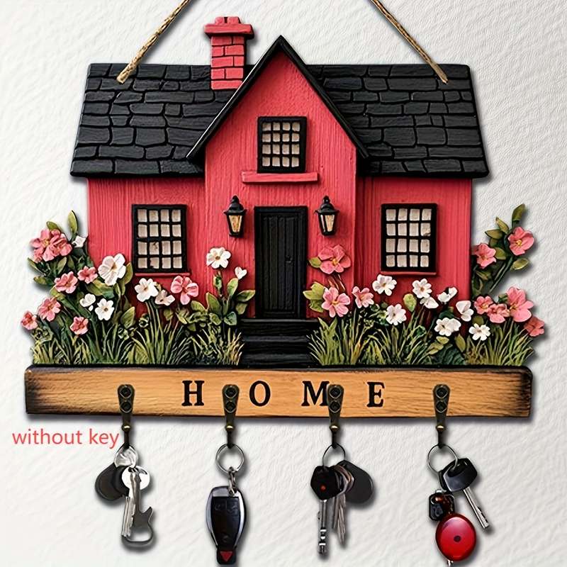 1pc romantic flowers and red house wooden key hanger key storage with hooks four-season multi-fun