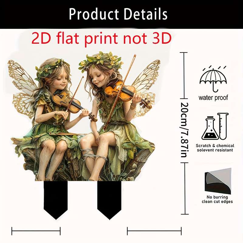 1pc 2D Flat   Acrylic Fairy Garden Stake Decorations Whimsical Elf Figurines Playing Violins W