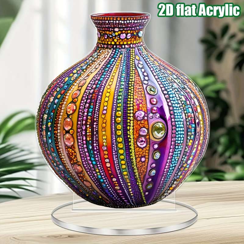 1pc 2D Flat   Bohemian Style  Acrylic Vase Decor Colorful Beaded Design with Rhinestones G