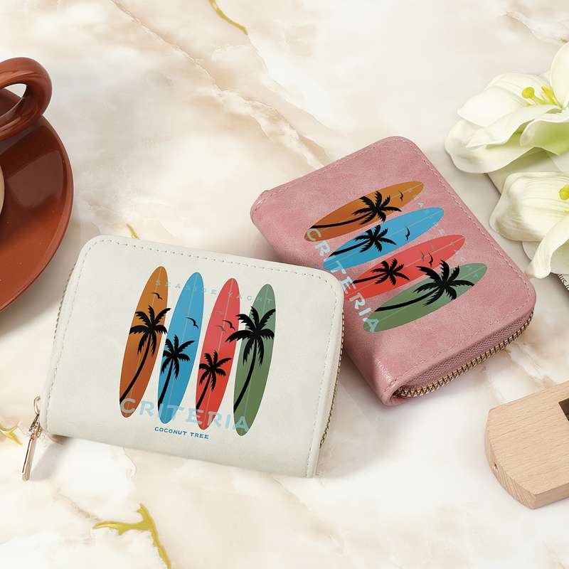 1pc Tropical Print Women's Compact Wallet Stylish Zippered Clutch with Multiple Slots Durable PU