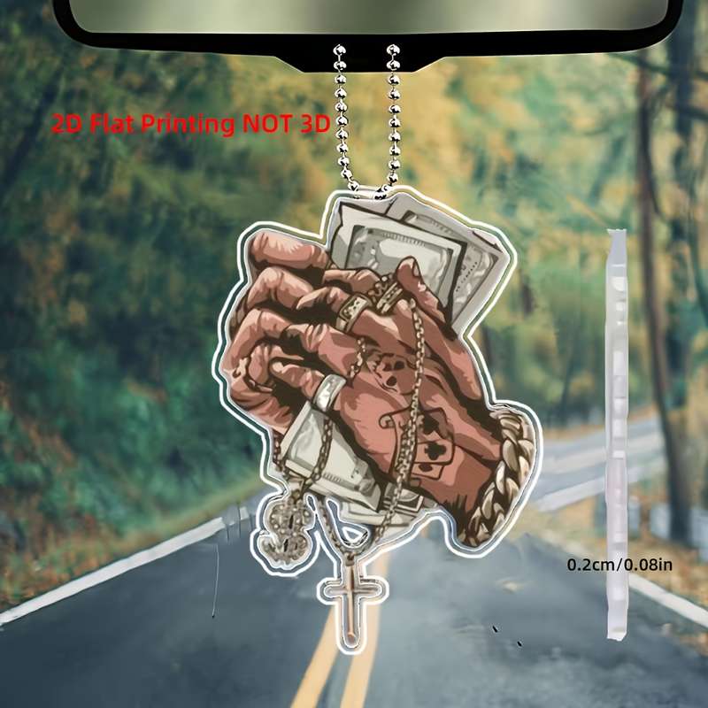 1pc 2D Flat   Acrylic Flat Prayer Hands Car Mirror Charm with Dollar Bills Cross Necklace Rosa