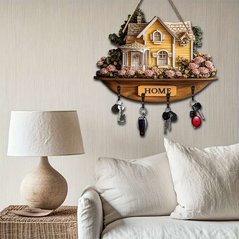 1pc charming flower and house wooden key hanger key storage with hooks four-season multifunctiona