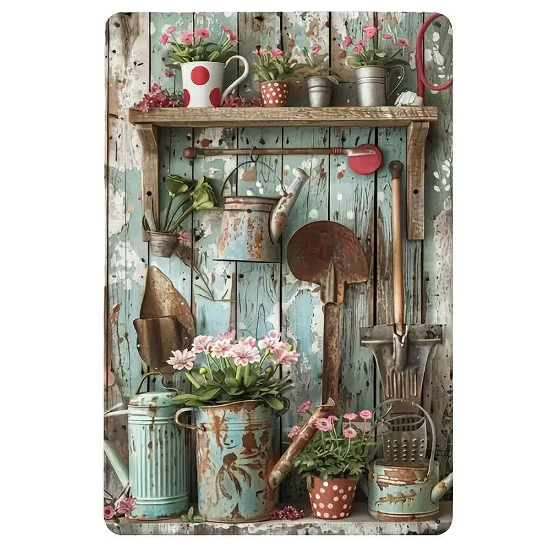 1pc Vintage Gardening Tools Metal Tin Sign 20.32x30.48cm Rustic Iron Wall Art Pastoral-Themed Home G