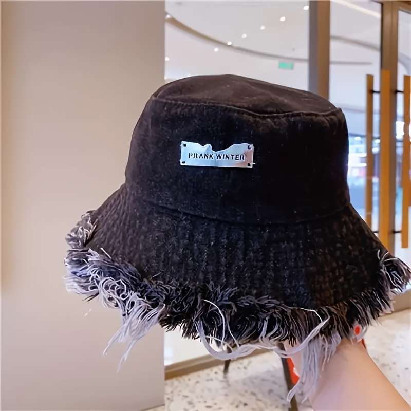1pc Stylish Denim Bucket Hat with Letter Label Lightweight Versatile and Elastic Fisherman Hat