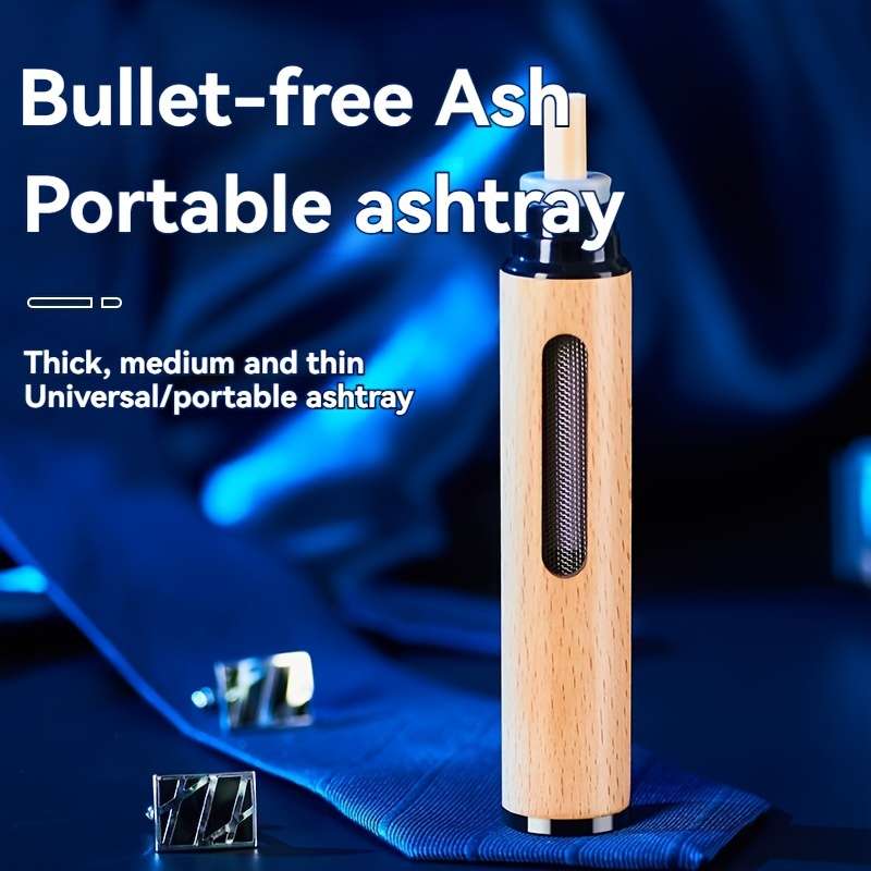 1pc Wooden Mini Car Ashtray Portable Round Metal Dust-Proof Container with Lid for Vehicle Us