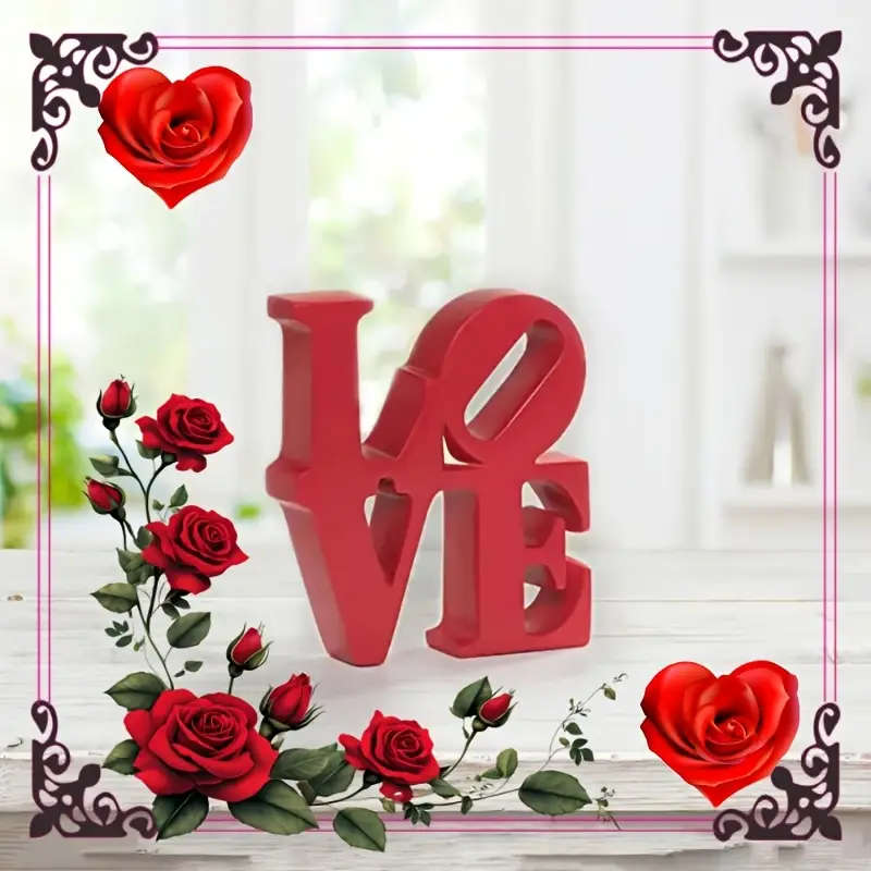 1pc Rustic Wooden LOVE Sign Red 3D Tabletop Decor with Rose Accents Festive Valentine'S Day Saint Ni