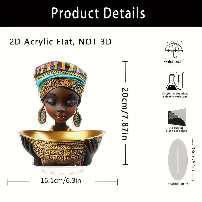 1pc 2D Flat  A  Acrylic Flat Decoration Featuring an African Woman with a Colorful Headpiece Pe