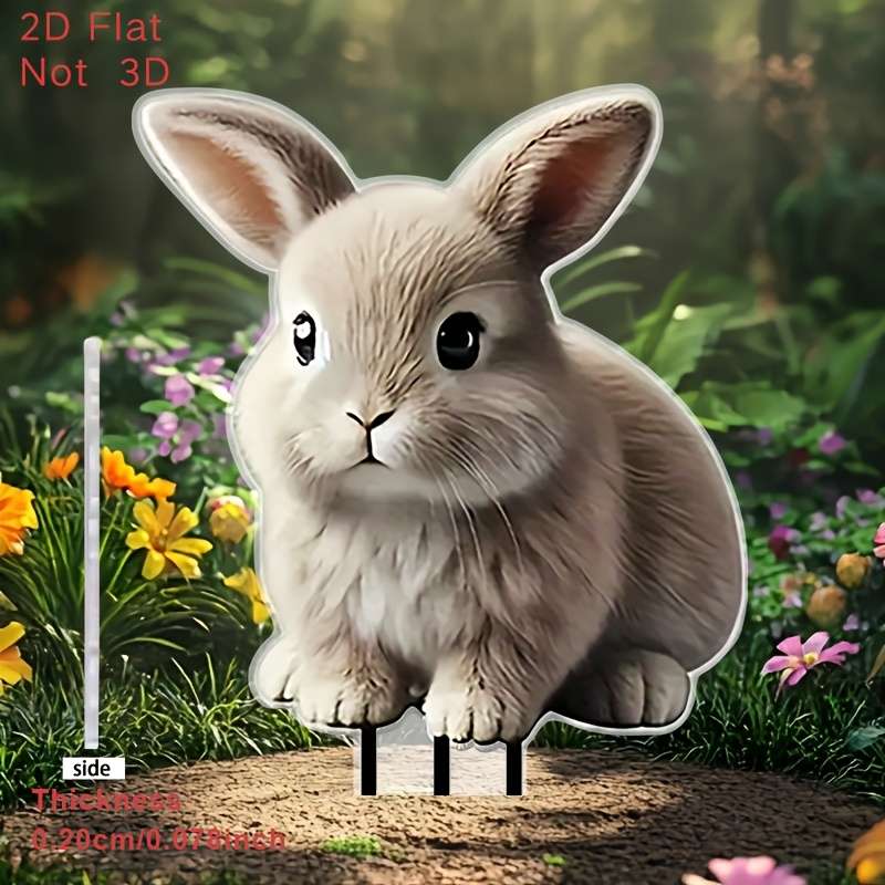 1pc 2D Flat   Charming Acrylic Rabbit Garden Stake Adorable Light Brown Bunny with Green Eyes
