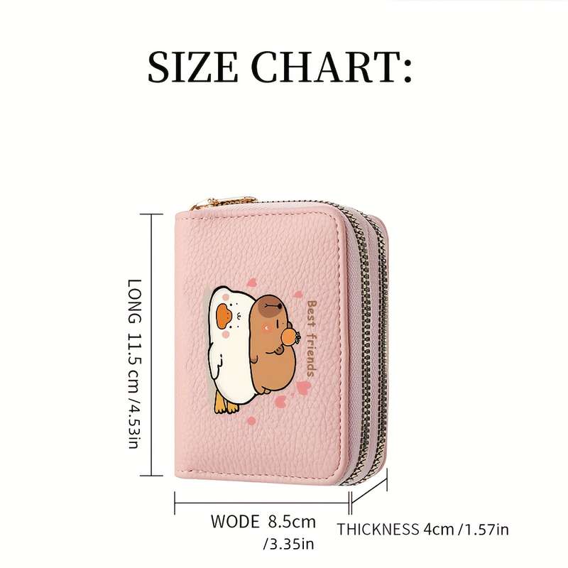 1pc DEABOLAR Cute Capybara Double Zipper Wallet Pink Faux Leather Credit Card Holder with "Be