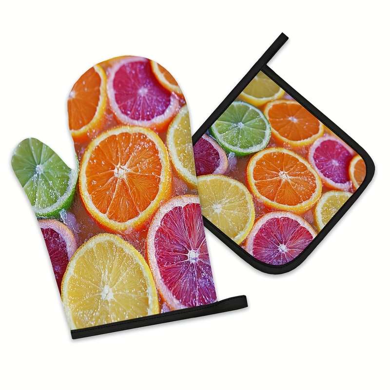 2pcs Citrus Fruit Slices Pattern Oven Mitts and Pot Holders Set Heat Resistant Microwave Glov