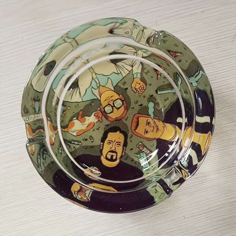1pc Vibrant Cartoon Family Glass Ashtray 85mm Round Colorful Character Design with Animated