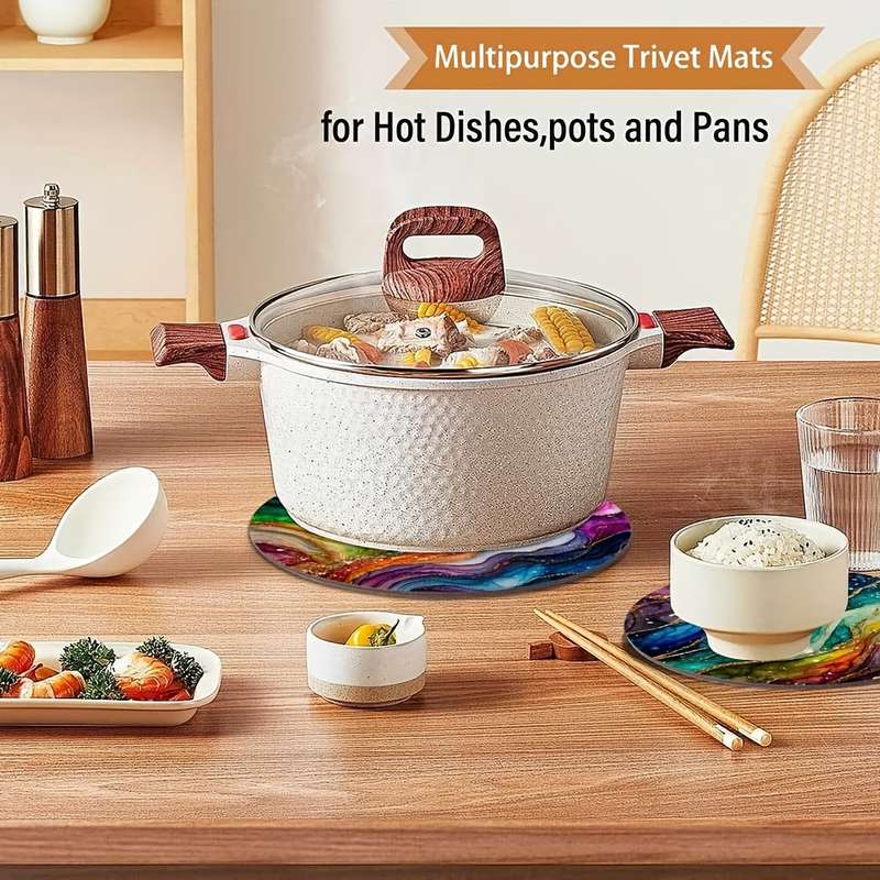4pcs Rainbow Marble Pattern Wooden Trivet Placemats Heat Resistant Pot Holders Multipurpose