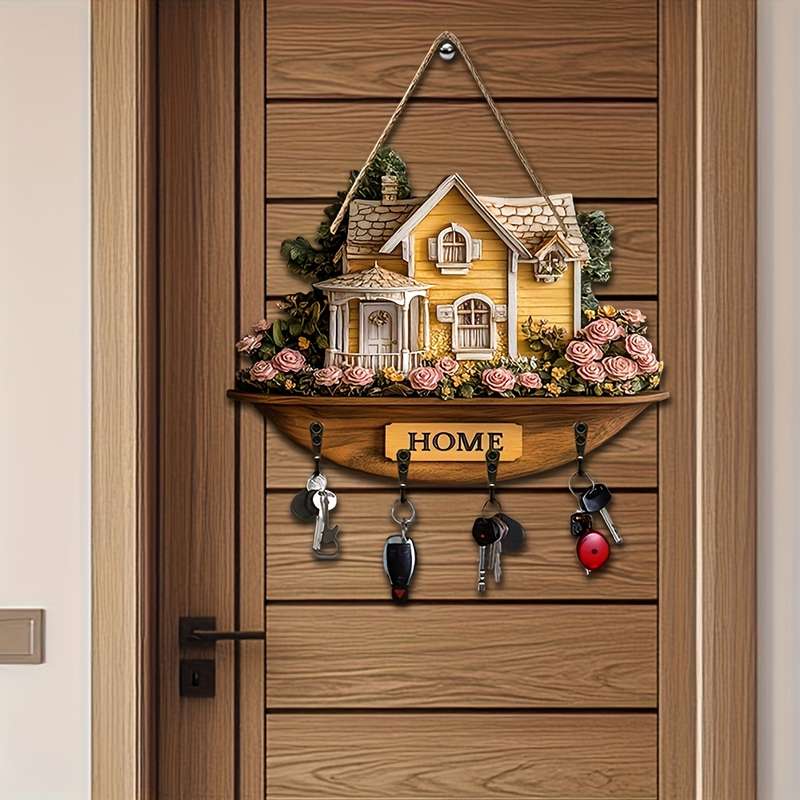 1pc charming flower and house wooden key hanger key storage with hooks four-season multifunctiona