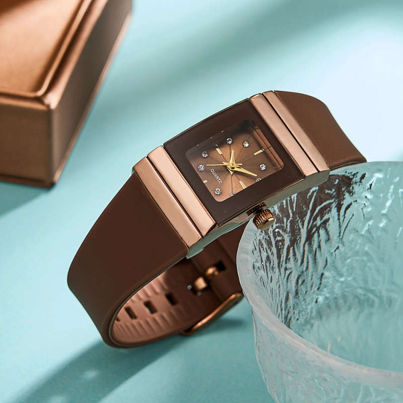 1pc Simple Style Women's Square Quartz Wrist Watch with Silicone Band and Zinc Alloy Case Non- Butto