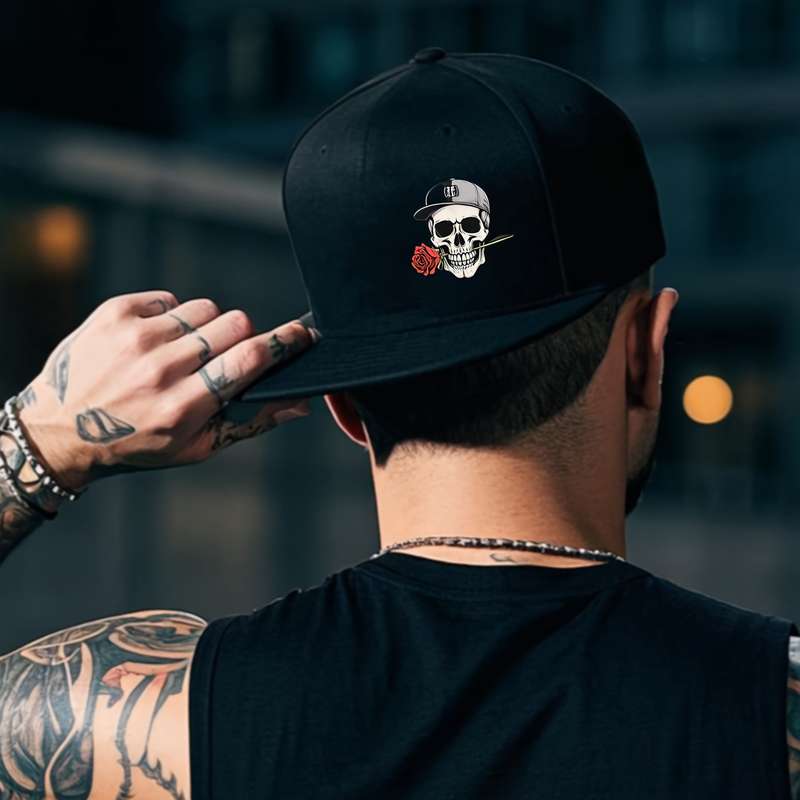 1pc Adjustable Hip Hop Baseball Cap with Skull and Rose Graphic Vintage Style Flat Brim Polyester