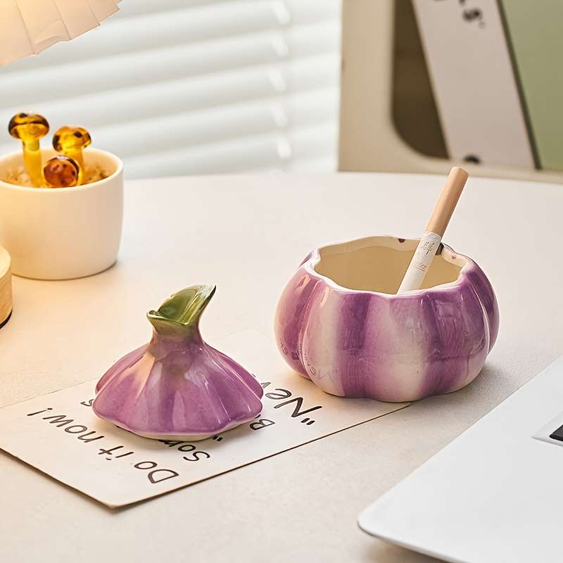 1pc Art Deco Style Garlic-Shaped Ceramic Ashtray Round Home Decor Trinket Simple Design No E