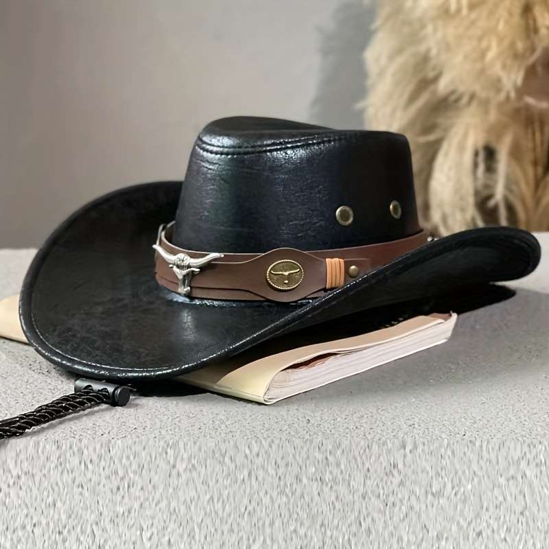 1pc Men'S Breathable Cowboy Hat with Rivets PU Leather Vacation Style Outdoor Casual Camping Fi