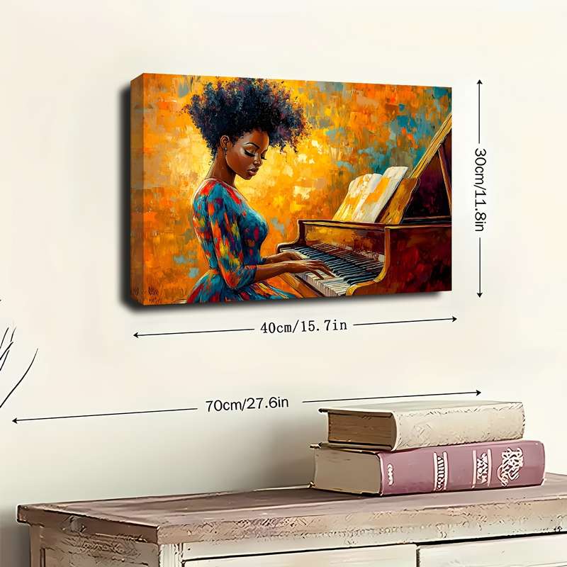 1pc Vibrant African-American Woman Playing Piano Canvas Art with Wooden Frame Colorful Retro Wall