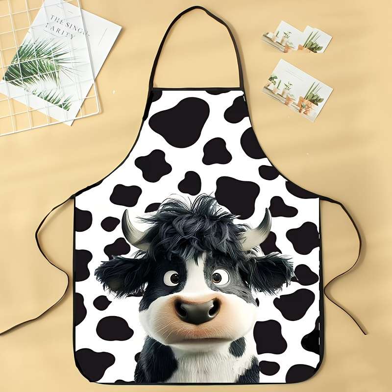 1pc Cartoon Cow Print Apron Unisex Fun Kitchen Apron 100% Polyester Woven Fabric 150gsm Du