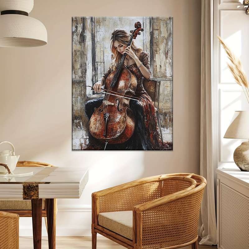 1pc Elegant Cellist Canvas Art Contemporary Fashion-Themed Woman Playing Cello High-Definition