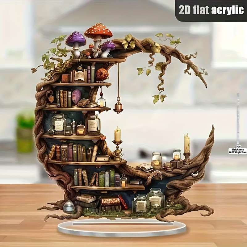 1pc 2D Flat  Acrylic Bohemian Moon-Shaped Bookshelf Enchanting Forest Mushroom Design Perfect f