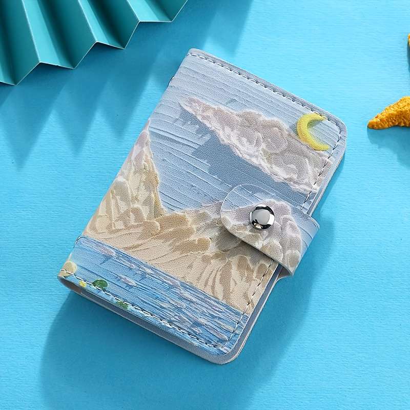 1pc Artistic Oil Painting Style Womens Card Holder C Large Capacity Ultra-Slim Coastal Land