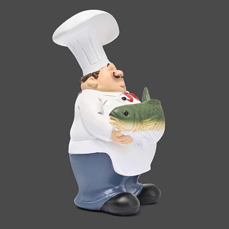1pc Charming European Chef with Fish Figurine Rustic Resin Statue Cartoon-Style Kitchen Decor fo
