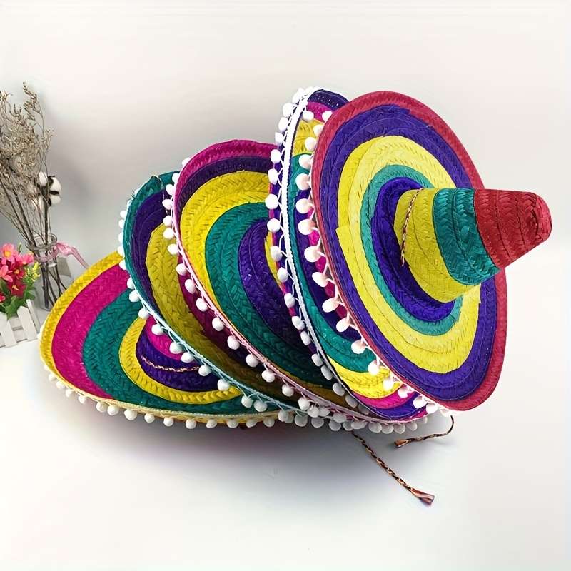 1pc Vibrant Mexican Fiesta Sombrero Colorful Cotton Woven Hat with Black Ribbon Perfect for Hall