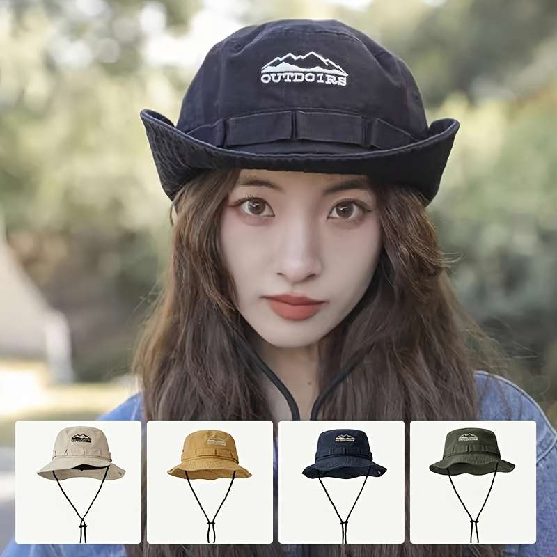 1pc Breathable Outdoor Adventure Bucket Hat with Drawstring Sun Protection for Hiking Fishing