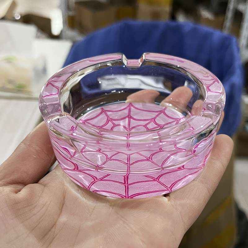 1pc Pink Spider Web Pattern Glass Ashtray 8.5CM Sweet Cute Pink Round Ashtray Creative Luxury O