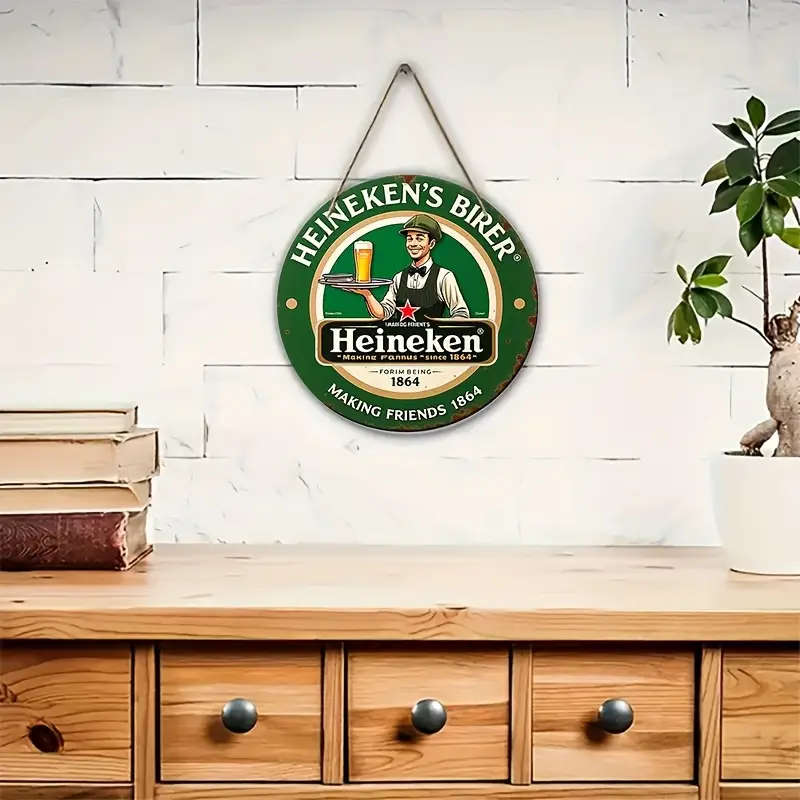 1pc Vintage Beer Wall Art Sign 20.32 cm Round Artificial Wood Plaque with Lanyard Classic American S