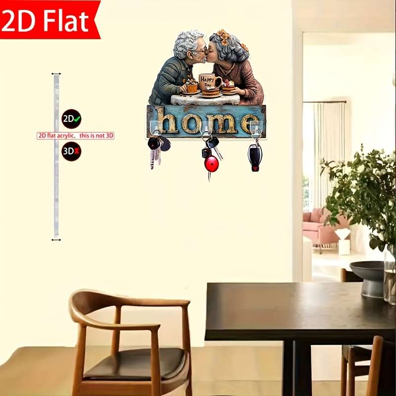 Bohemian Style 2D Acrylic Key Hooks for WallCharming Elderly Couple Design with "HOME" Sign 23.6