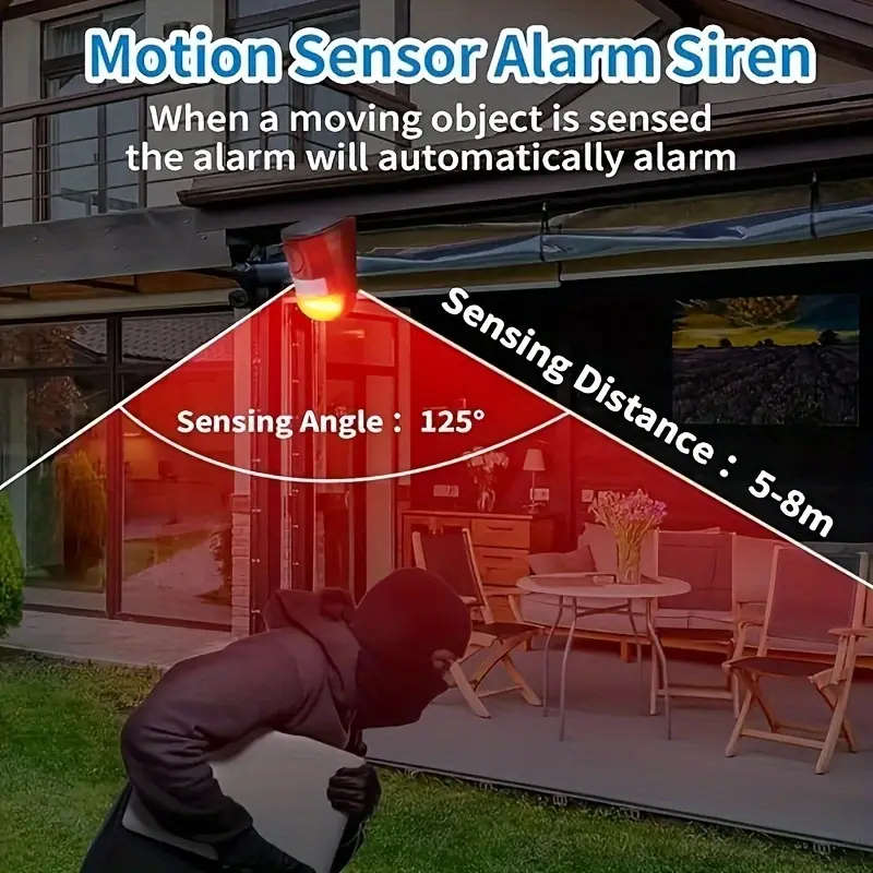 Solar Alarm Lamp - 129dB Outdoor Security Siren with Motion Sensor, 6 LEDs Flash Warning Strobe, IP