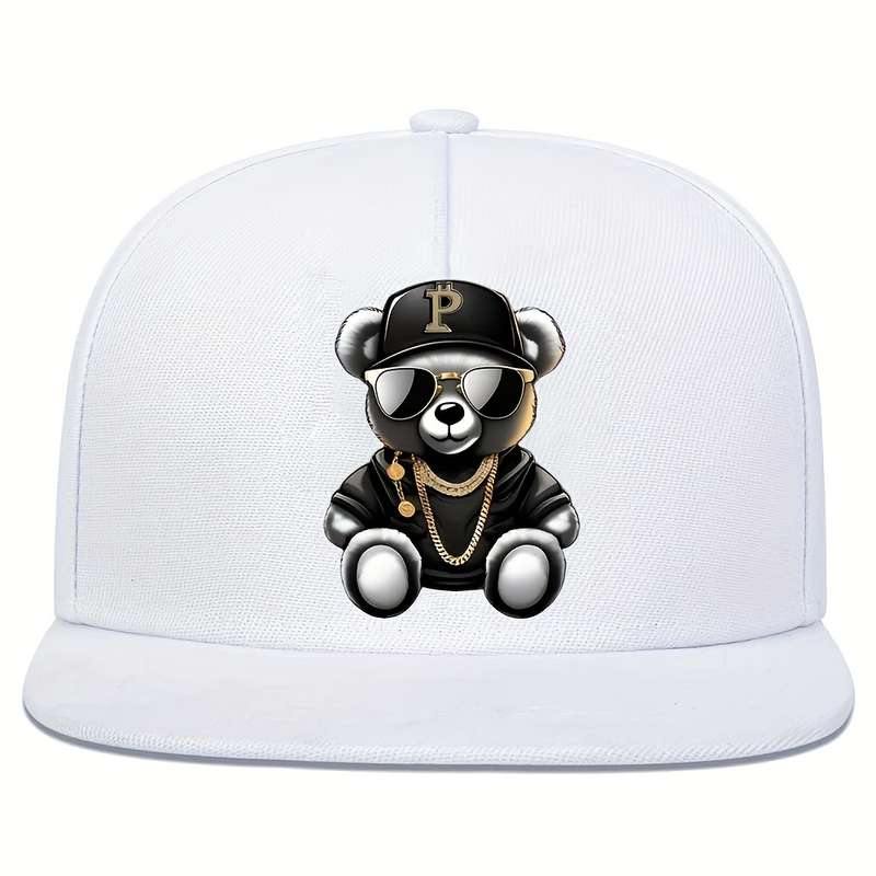 1pc Hip Hop Bear Print Flat Brim Cap Unisex Adjustable Street Style Baseball Hat 100% Polyest
