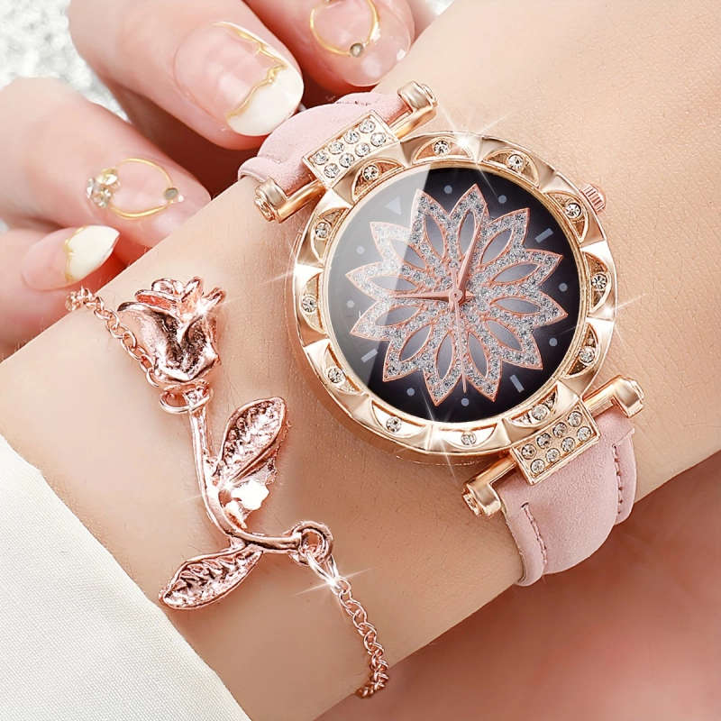 2pcs Set Women's Fashionable Simple Flower Petal Quartz Watch With Bracelet Set Includes Watchband A