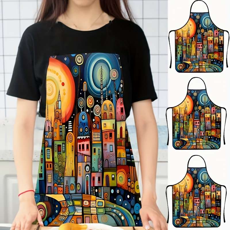 1pc Colorful Art City Pattern Polyester Apron Sleeveless Durable Kitchen Cleaning Bib