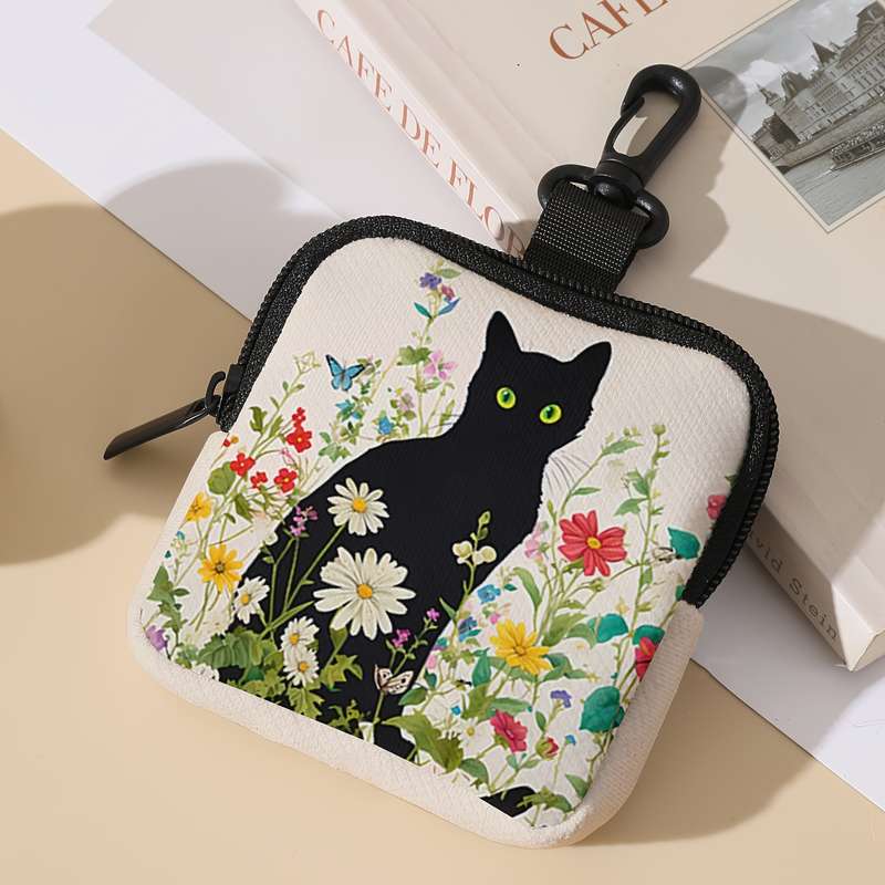 1pc Chic Black Cat Floral Print Coin Purse Spacious Polyester Wallet with Key Holder Ideal Gif