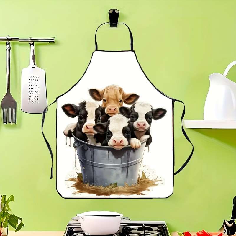 1pc Stylish Cartoon Cow Print Apron for Men Women Polyester Kitchen Dining Wear with Ador