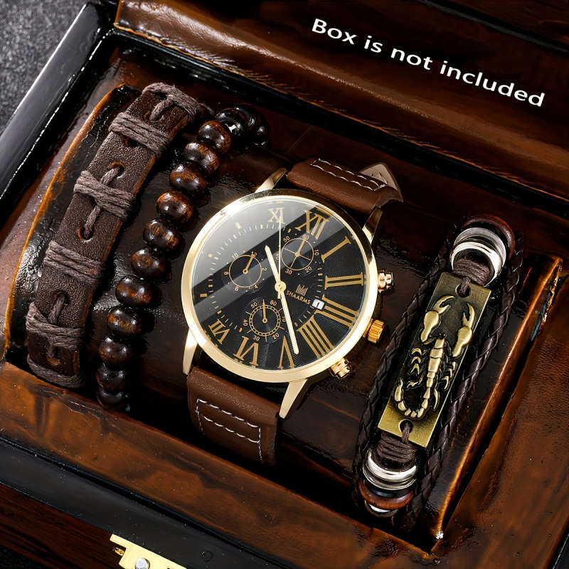 4pcs Men's Elegant Quartz Watch Bracelet Set Fashionable Brown with Golden Accent Calendar Feature