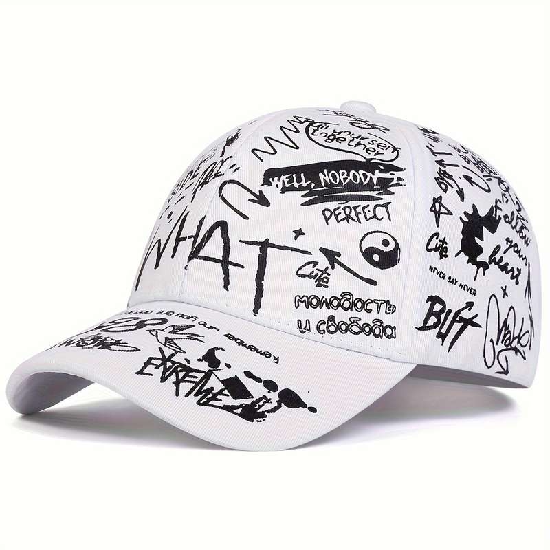 1pc Ladies WHAT Graffiti Baseball Cap: Adjustable Sun-Protective and Perfect for Outdoor Adventur