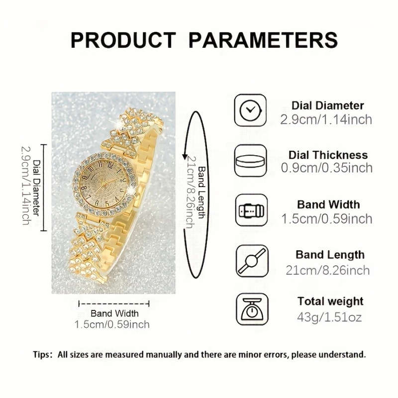 2pcs set Elegant Rhinestone Watch Stainless Steel Fashion Minimalist Luxury Full Rhinestone Bracelet