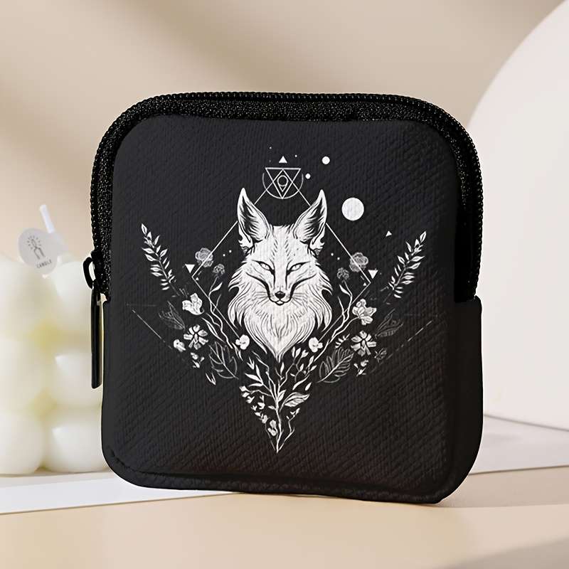 1pc Large Capacity Coin Wallet with Black and White Wolf Pattern Digital Print Storage Bag Multif