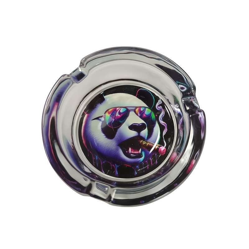 1pc Stylish Panda Ashtray Round Glass Design with Cool Fashion Glasses Cigar Theme Durable