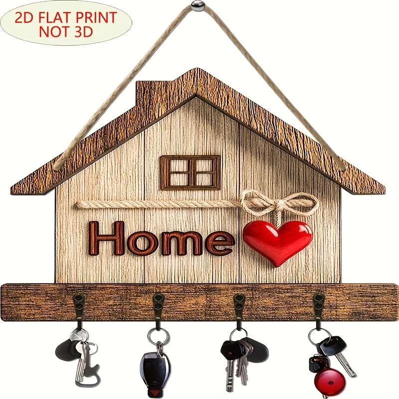 1pc Rustic Wooden Key Rack with 4 Metal Hooks Easy Wall-Mounted Installation Traditional Home Deco