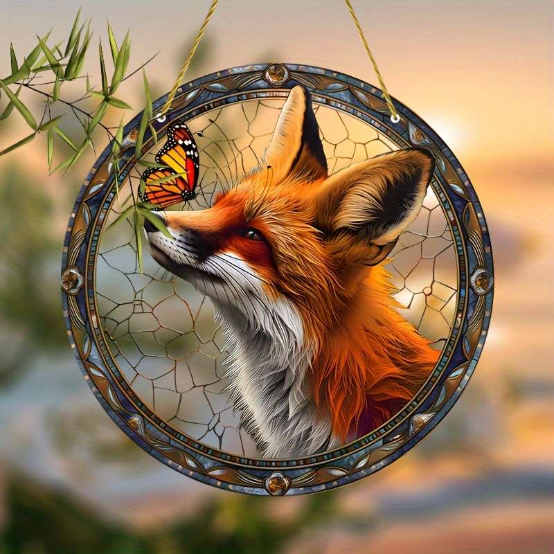 1pc 2D Flat  Charming Fox Light Trap Stained-glass Window Hangings Perfect for Autumn and Cou