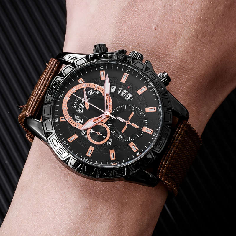 5pcs Set Men's Watch Fashion Casual Sports Calendar Round Dial Quartz Watch and Beaded Bracelet