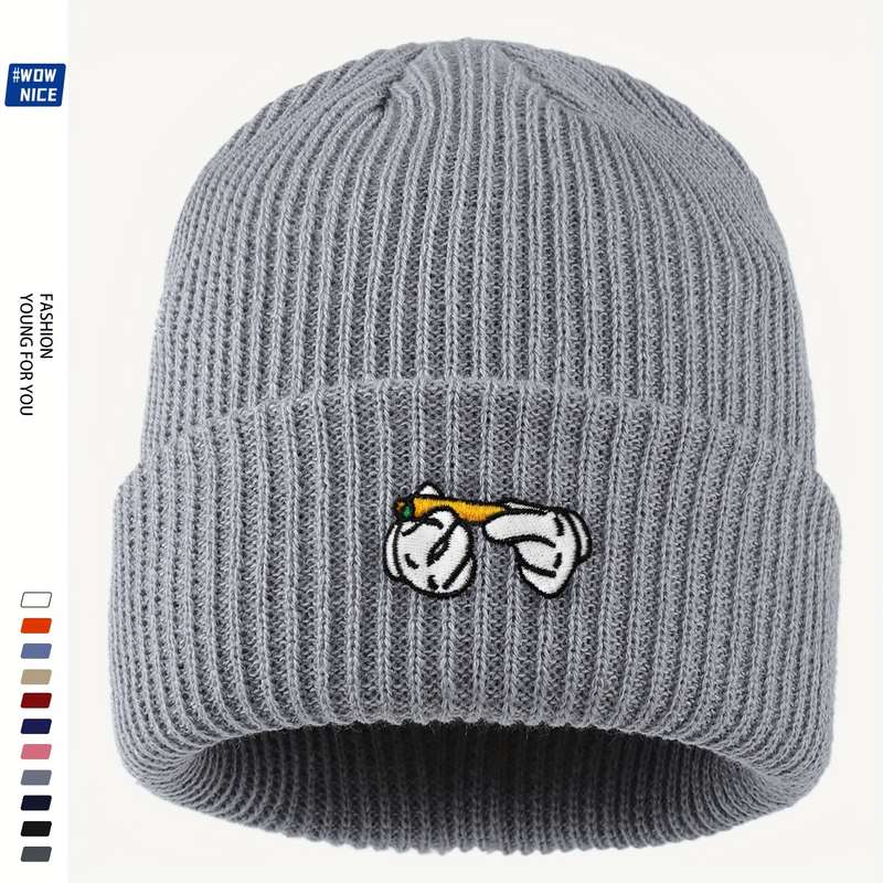 1pc Rendy Leaf Embroidered Acrylic Beanie Unisex Cartoon Cigarette Design Knit Skull Cap Lightwei