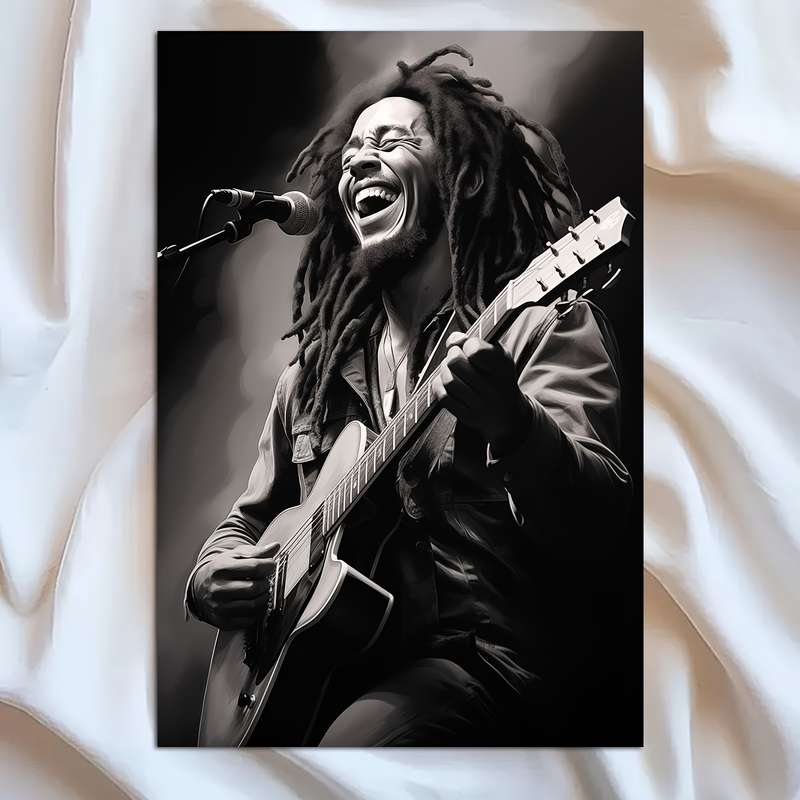1pc 2D Flat  Frameless Bob Marley Guitar Portrait Canvas Wall Art Monochrome Music Icon Poste