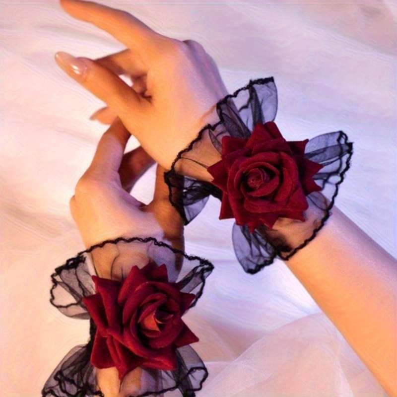 1 Pair Black Lace Rose Wrist Gloves