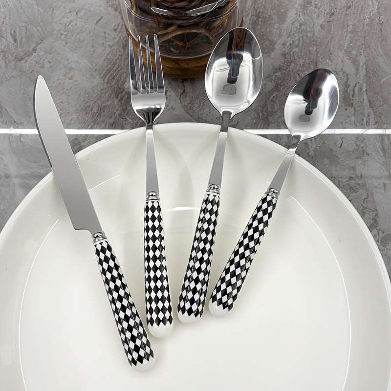 4pcs Ceramic Handle Stainless Steel Cutlery Polished Surface Cutlery with Striped Pattern Pr